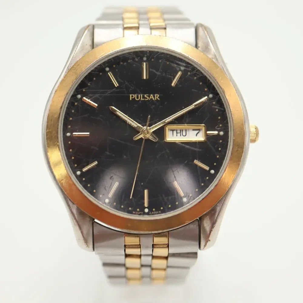 Vintage Pulsar Mens Two Tone Day Date Watch 38mm Gray Dial V733-X061 New Battery